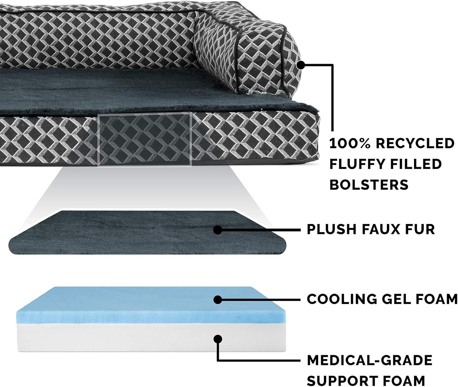 Furhaven Pet Dog Bed - Cooling Gel Memory Foam Plush Faux Fur and Décor Comfy Couch Traditional Sofa-Style Living Room Couch Pet Bed with Removable Cover for Dogs and Cats, Diamond Gray, Jumbo Plus : Pet Supplies