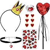 Japior Halloween Heart Queen Costume Accessories Hearts Crown Headband Scepter Wand Red Heart Ring Necklace Earrings Glitter Tattoo Stickers Set for Adult Women Halloween Party Cosplay Set