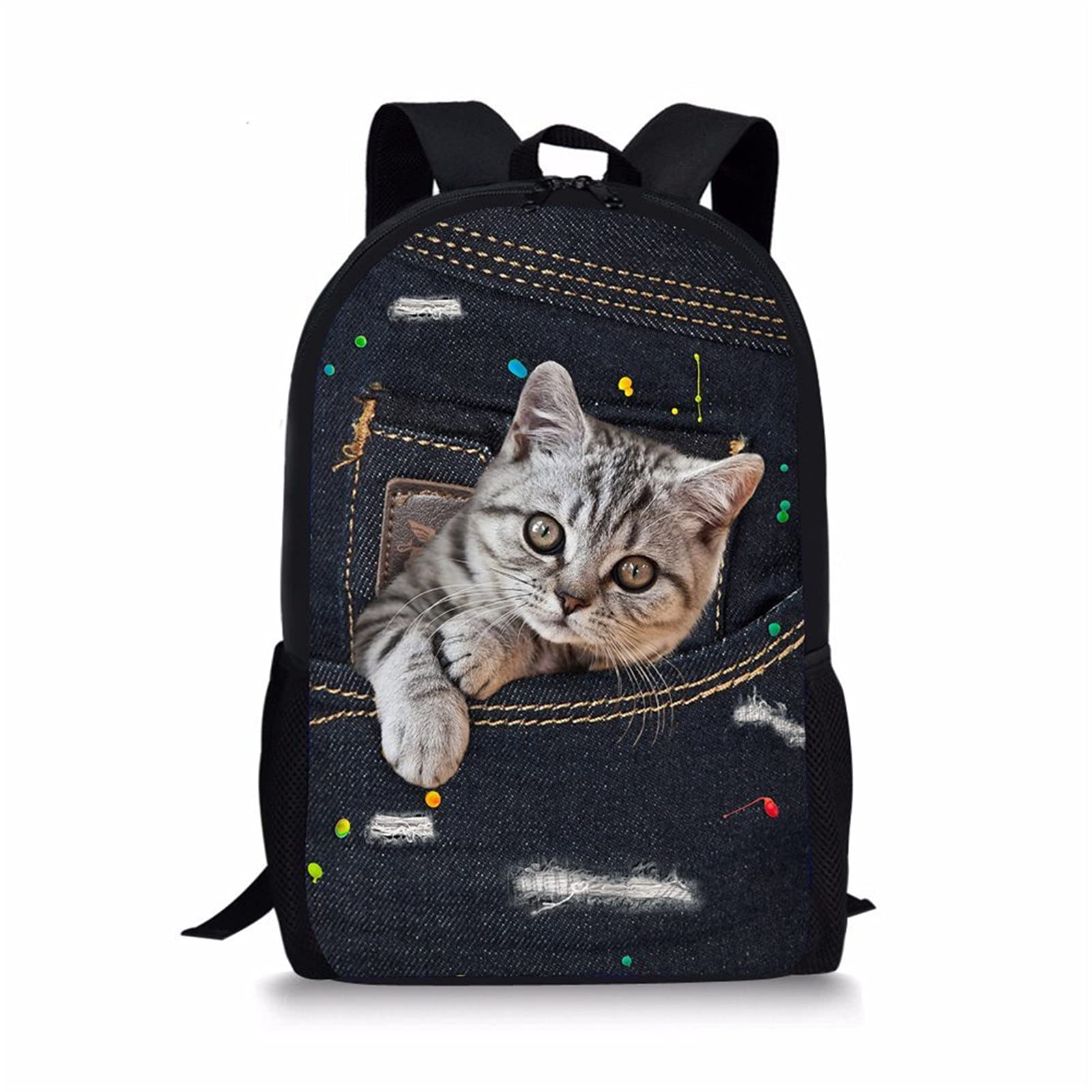 Cat Rucksack for Girls School Bag Pretty Animal Cat Backpack with Grade Student Kids Double Zipper Daypack Kids Knapsack by Showudesigns