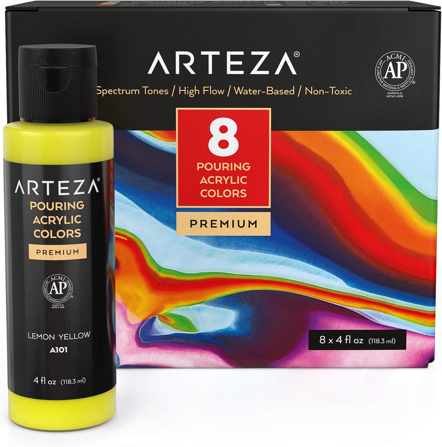 Arteza Acrylic Pouring Paint Set, 4 oz (118.3 ml) Bottles, Set of 8 Rainbow Colors (White, Yellow, Blue, Orange, Purple, Green, Red) , High-Flow Acrylic Paint, No Mixing Needed, Art Supplies for Pouring on Canvas, Glass, Paper, Wood, Tile and Stones