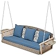 HOMREST 3-Person Wicker Porch Swing with Upgraded Cup Holder, 55 Inch Patio Hanging Swing Bench Chair with Cushions 900lbs Capacity Chains for Deck Garden Backyard (Blue)