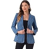 Allegra K Notched Lapel Denim Blazer for Women's Casual Work Long Sleeve Shoulder Pad Jean Jackets