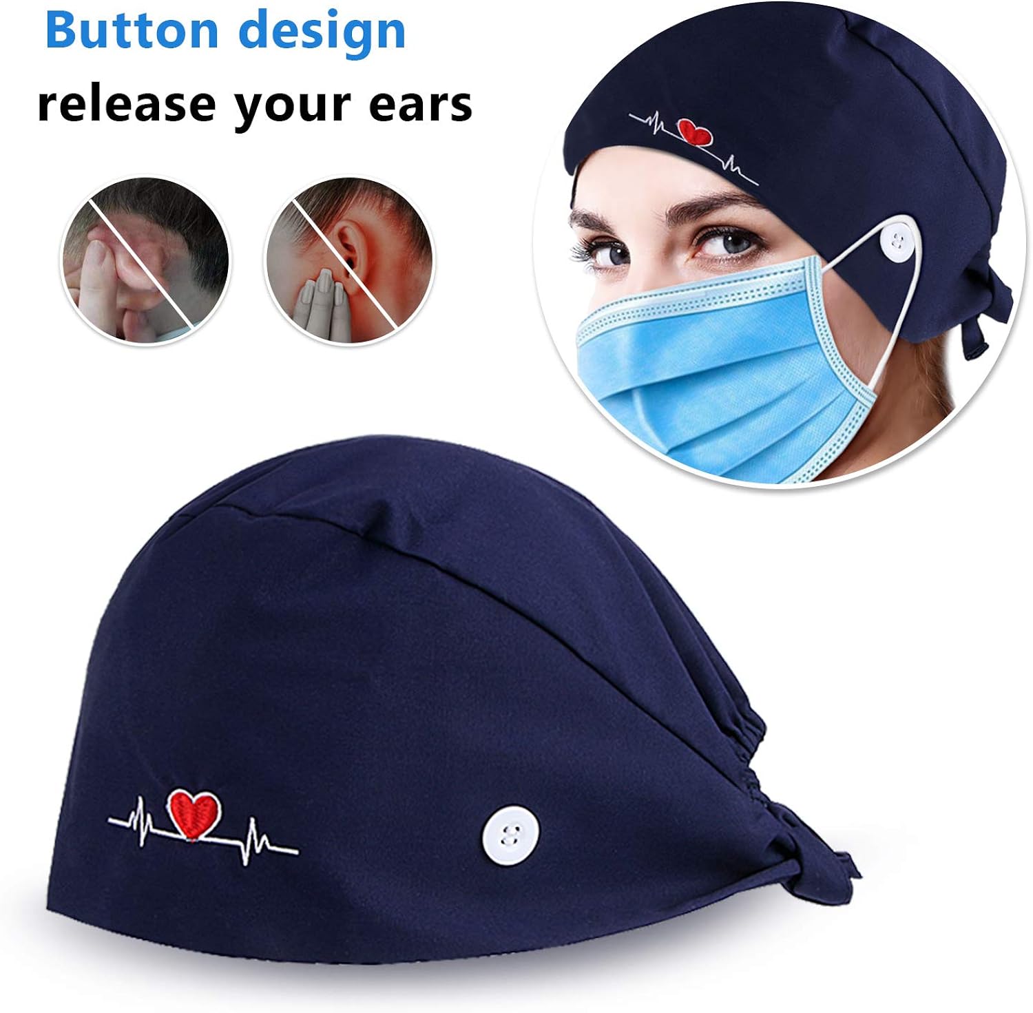 NOVWANG 2 Pcs Working Caps Love Embroidered Style Head Cover Hats Adjustable Cotton Sweatband Caps (Black+Dark Blue): Clothing