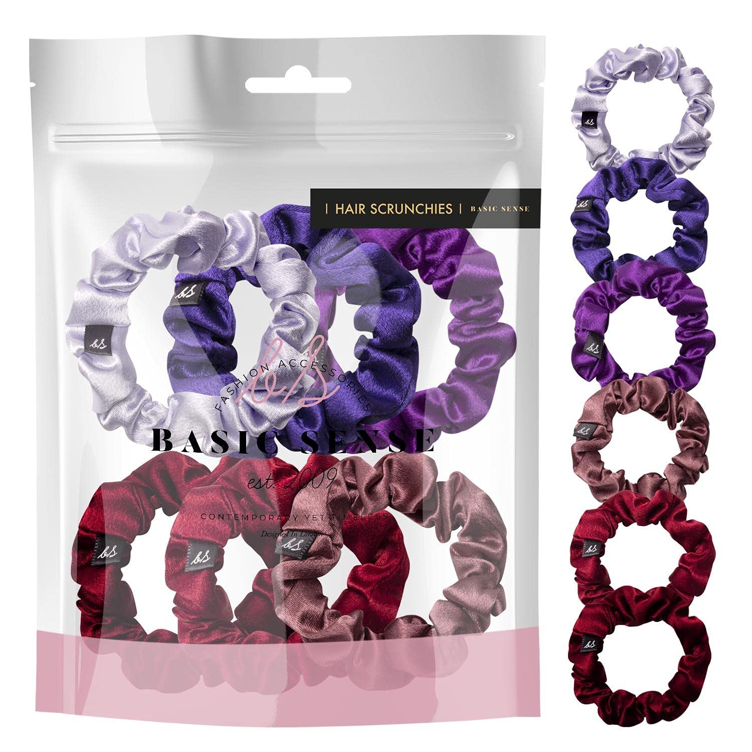 Basic Sense Skinny Satin Hair Scrunchies for Fine Hair, Snag-Free, Strong Hold, A set of 6pcs, Purple Assortment