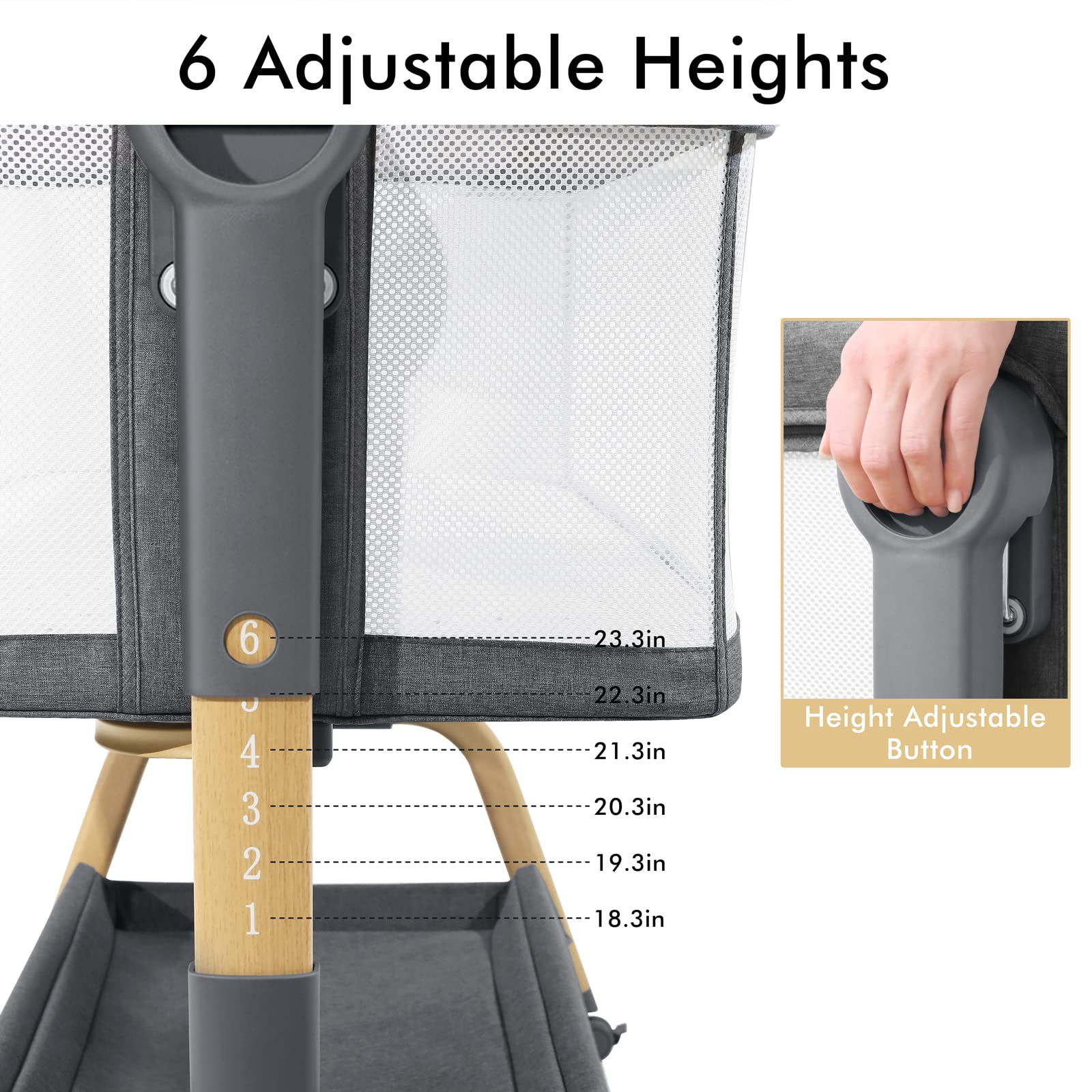 3 in 1 Baby Bassinet, Bedside Bassinet for Baby, Rocking Bassinet with Comfy Mattress and Wheels, 6 Height Adjustable Easy Folding Portable Bedside Crib for Newborn