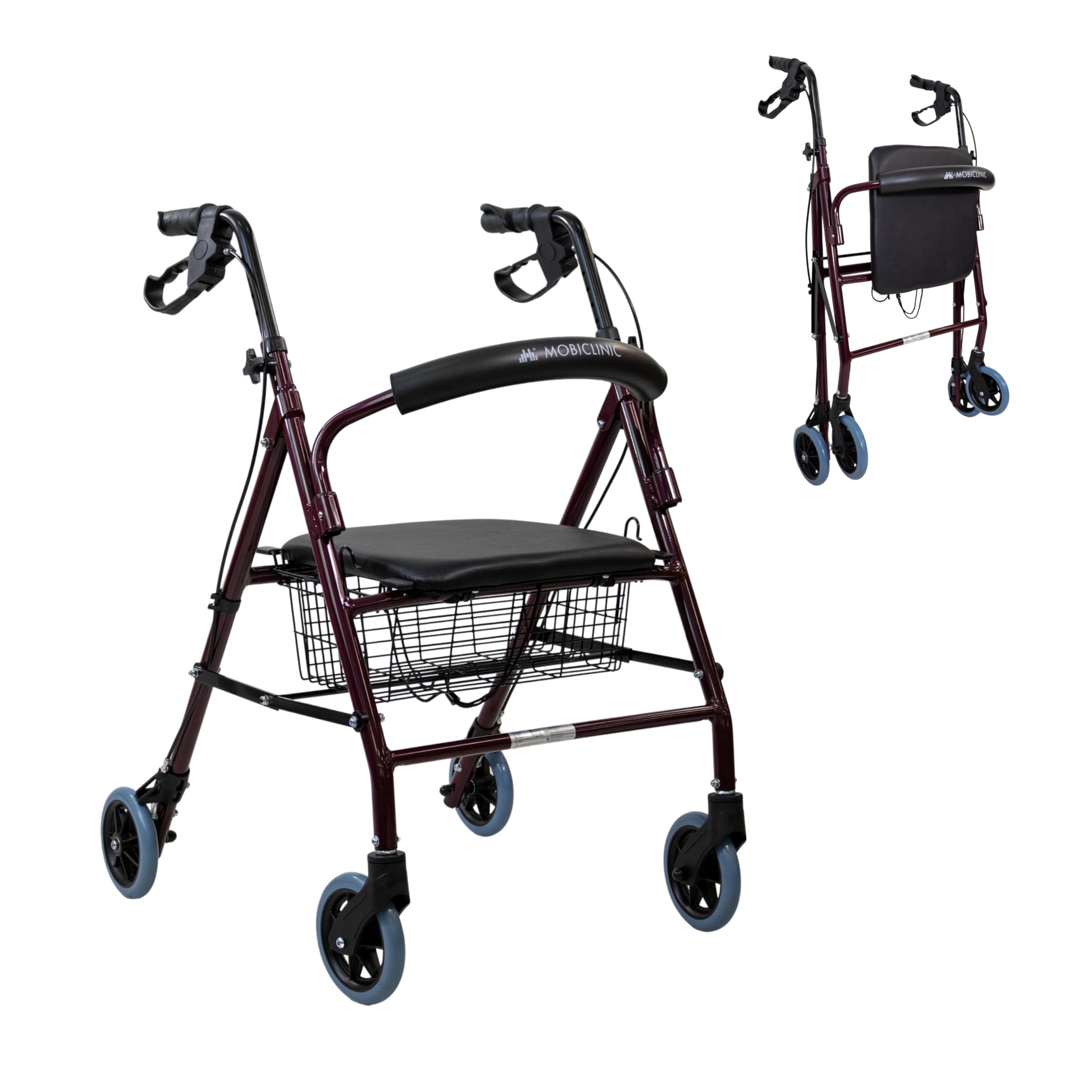 Mobiclinic®, Walker for Elderly, Escorial Model, European Brand, Folding, Manual and Lockable Brakes, Aluminium, Light and Resistant, Rollator with 4 Wheels, Seat and Backrest, Basket, Burgundy