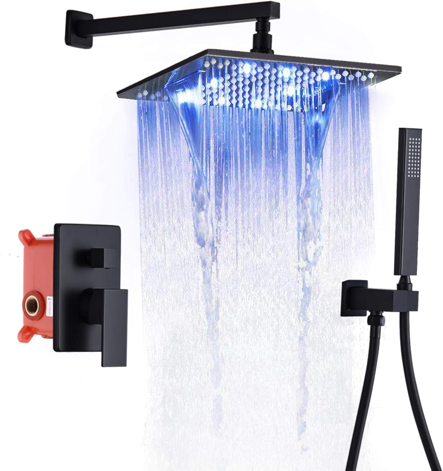 DEOLER Matte Black Shower System 10 Inches Brass Rainfall Shower Head with 3 Color Led Waterfall
