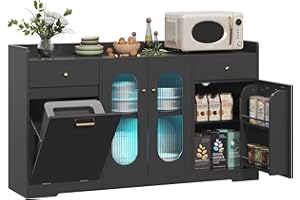 kepptory 54'' Large Kitchen Island with LED Light and 2 Drawers, Kitchen Island with Trash Can Storage and Adjustable Shelves, Tilt Out Trash Can Cabinet Pantry Cabinet for Home Office Use, Black