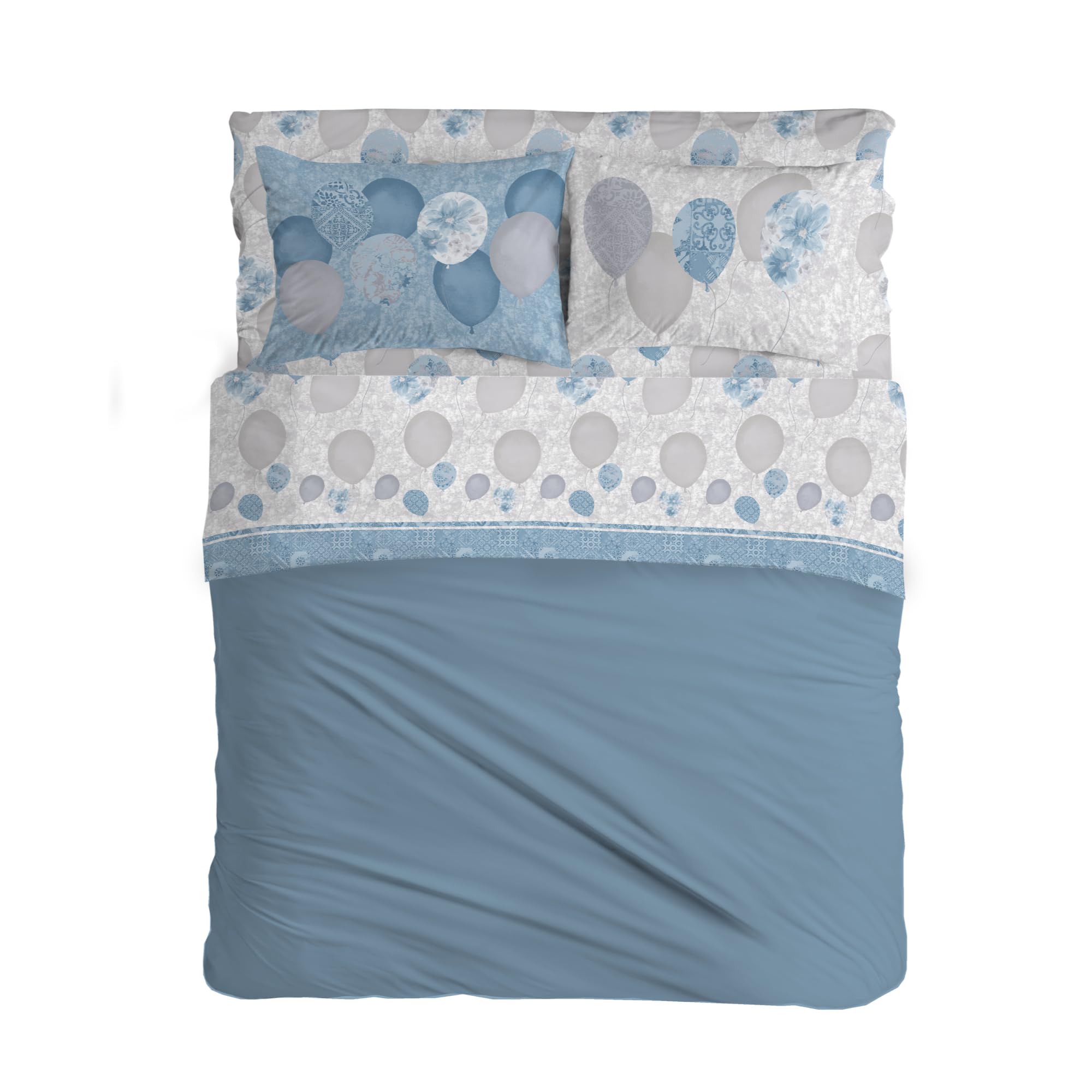 PENSIERI DELICATI 100% Cotton Double Bed Set, 120 x 200 cm, Complete with Bottom Sheet, Top and 1 Pillowcase, Made in Italy, Blue Balloons Design — image 1