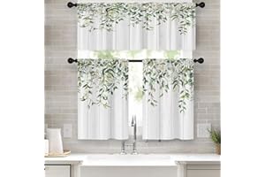 Emvency Eucalyptus Kitchen Window Curtains Valance and Tier Set 36 Inch, Rustic Botanical Sage Green Leaf 3 Piece Window Treatment Tiers Kitchen Decor Country White Wooden Wood Plank Rod Pocket Drapes