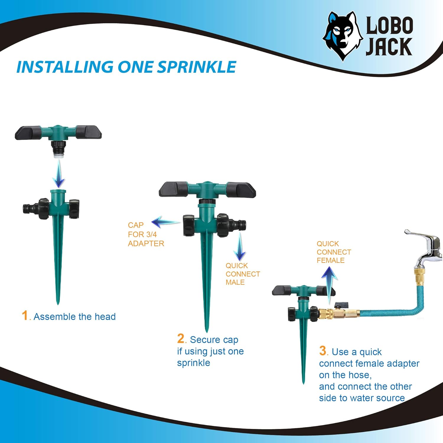 LoboJack 3 Arms Sprinkler for Lawn Garden Watering, 360 Degree Automatically Rotating, Up to 32 ft. of Irrigation : Garden & Outdoor