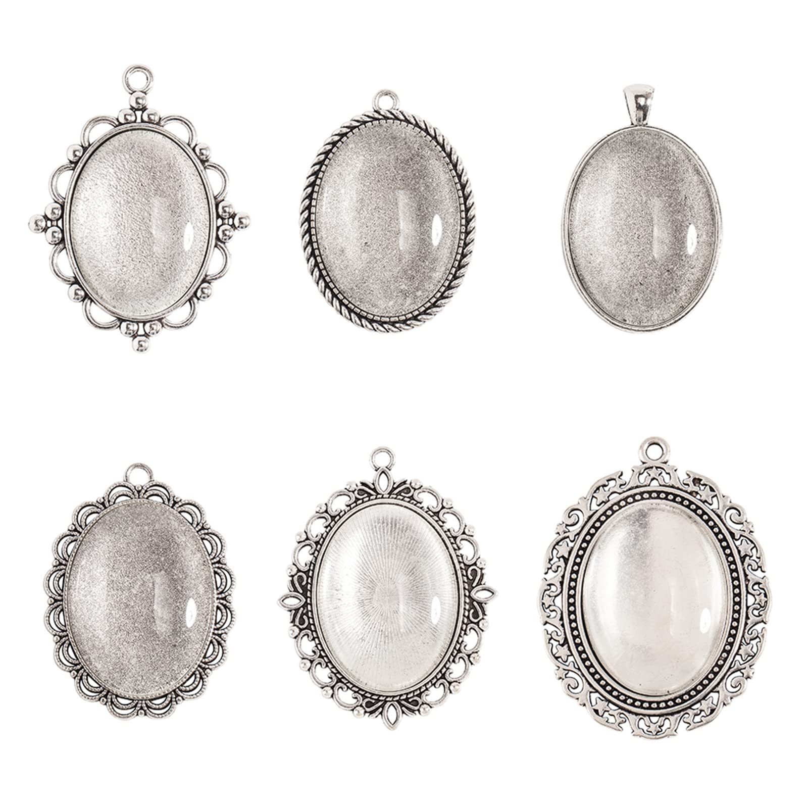 PandaHall Oval Pendant Trays - 6pcs 6 Shapes Tibetan Pendant Trays Bezel Settings Trays and 6pcs 40x30mm Glass Cabochons Clear Dome for Photo Jewelry Making