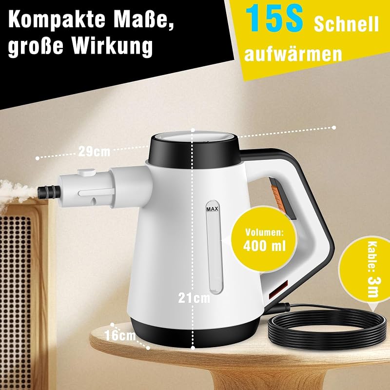 Handdampfreiniger, 400 ml Druck-Mehrzweckdampfreiniger mit 9-teiligem Zubehör, chemikalienfreier Dampfreiniger für den Heimgebrauch, Reinigung von Böden, Fliesen, Fenstern, Sofas (Weiß)