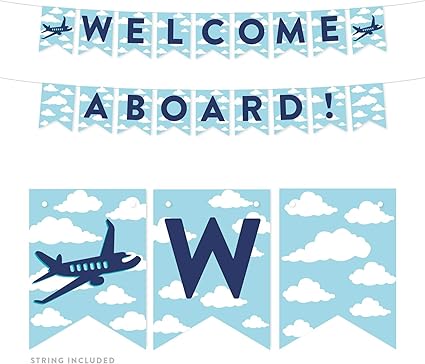 Amazon Com Andaz Press Blue Airplane And Clouds Birthday Party Collection Hanging Pennant Party Banner With String Welcome Aboard 5 Feet 1 Set Health Personal Care