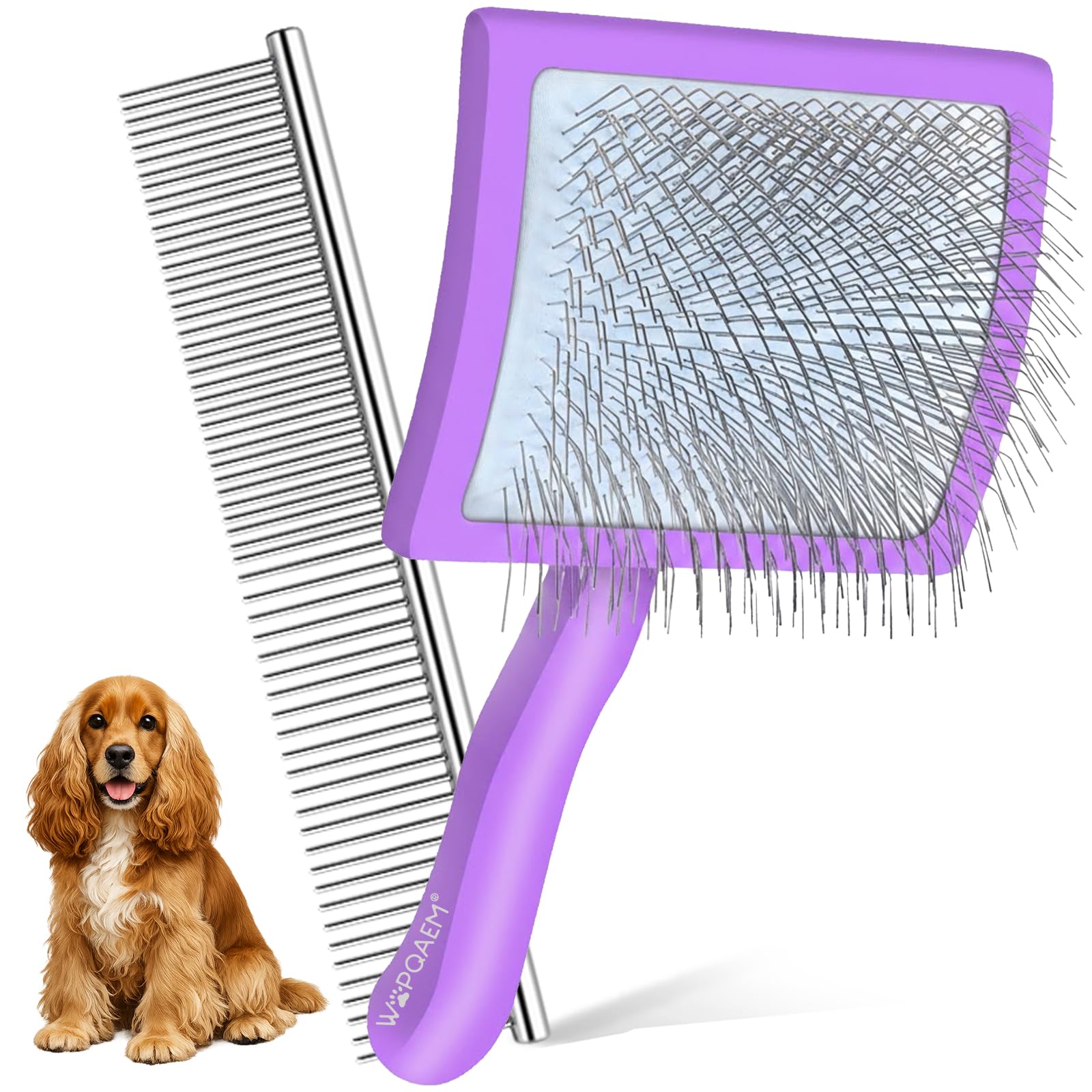 WOPQAEM Slicker Brush for Dogs, Large Long Pin Slicker Brush for Doodles Poodles Goldendoodle Labradoodle Cockapoo Cavapoo, 2 PCS Pet Comb and Grooming Brush, Wood Handle - Purple