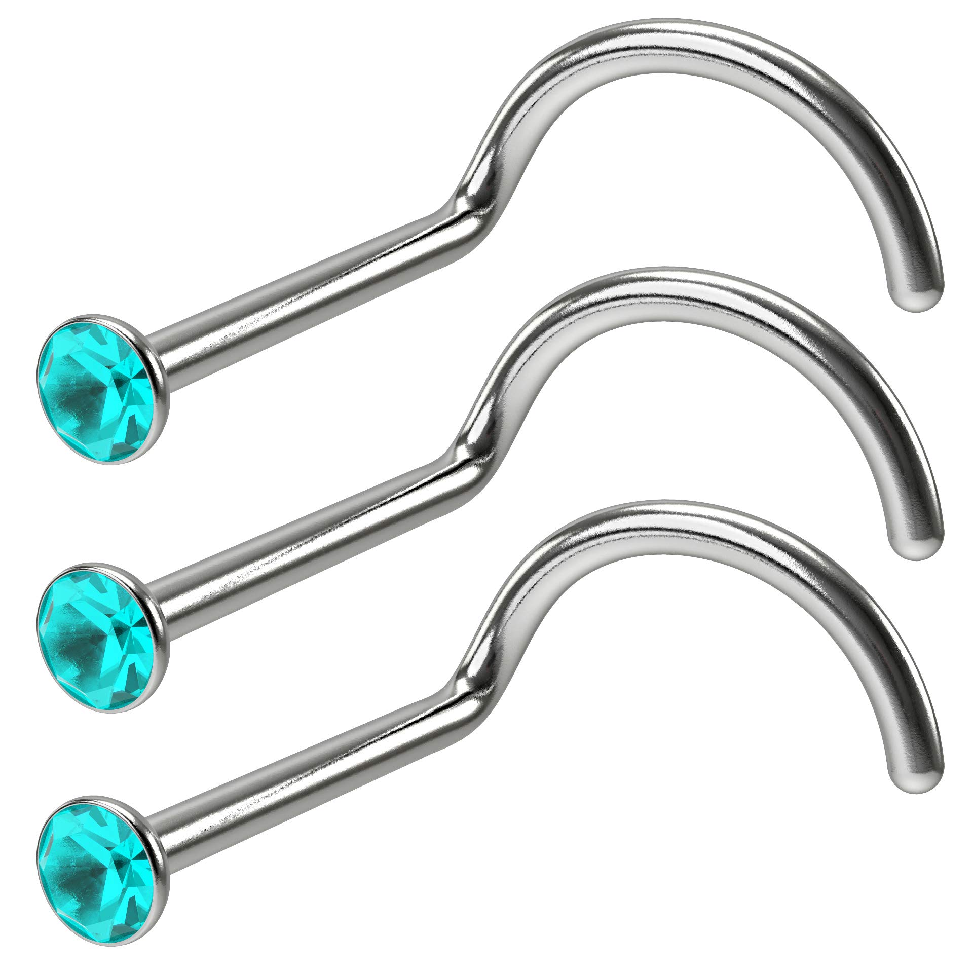 3pc 18g 1mm Stainless Steel CZ Nose Bar Screw Corskscrew Nostril Stud Piercing Hoop Blue Crystal