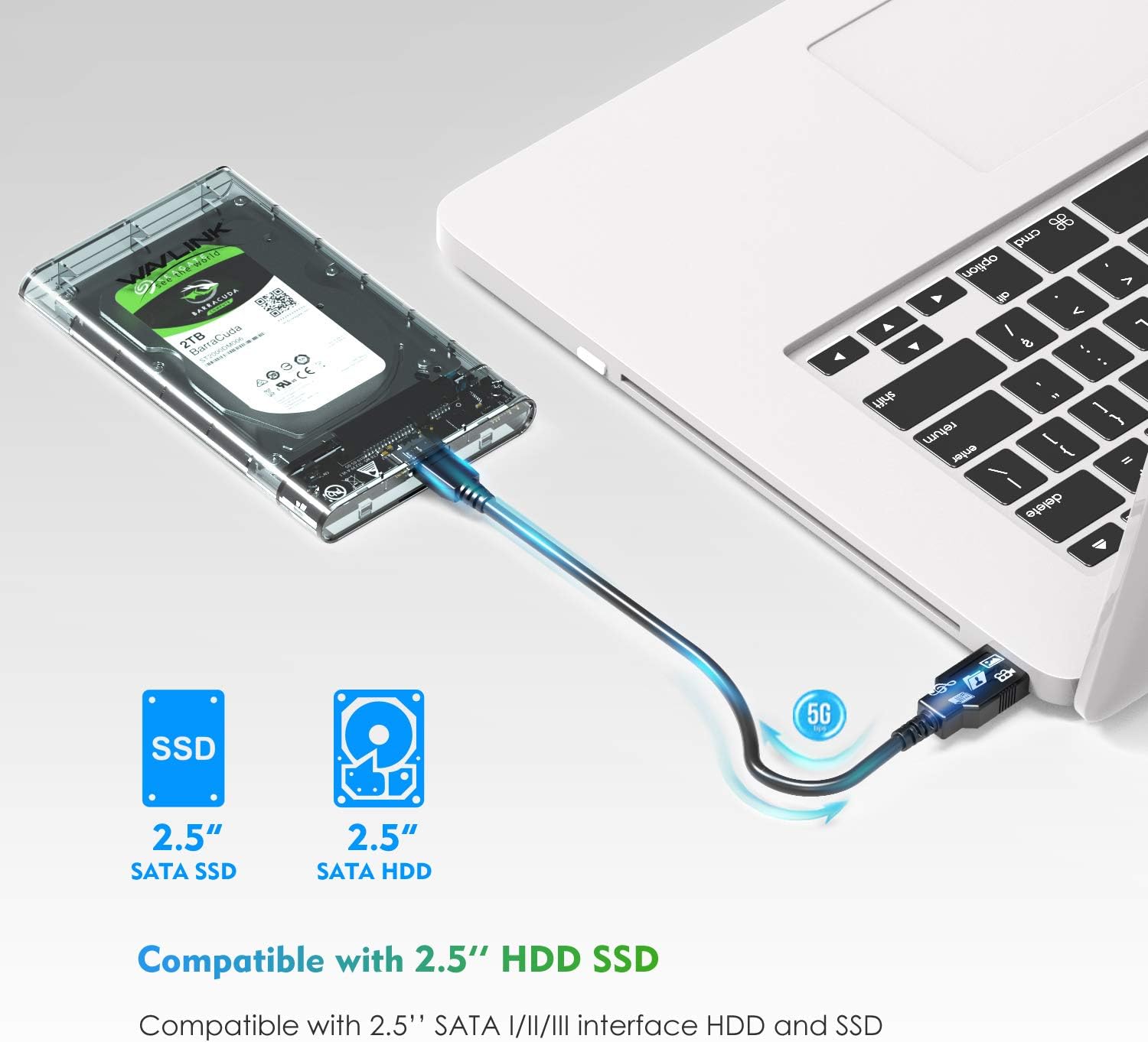 WAVLINK USB 3.0 to SATA External Hard Drive Enclosure for 2.5 inch 5mm/7mm/9.5mm SATA I/II/III HDD/SSD Support UASP Function, Max 4TB Tool-Free Design: Computers & Accessories
