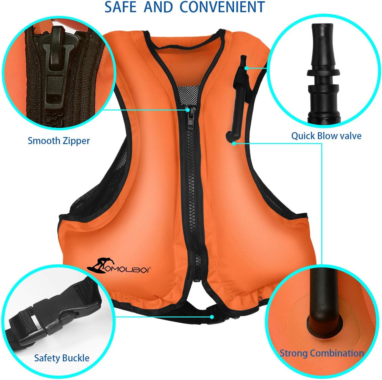 OMOUBOI Floatage Jackets Adult Lightweight Inflatable Snorkel Vest with Adjustable Leg Straps for Men Women Suitable for 90-220lbs for Outdoor Water Sports (Orange): Sports & Outdoors