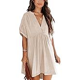 Minclouse Women's Babydoll Short Sleeve Tunic Dress V Neck Cute Casual Loose Dresses