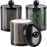 SheeChung 3 Pack Black Qtip Holder,Acrylic Apothecary Jars with Lids | Q Tip Holder with Labels,Shatterproof Bathroom Organizer Set for Cotton Swabs,Balls,Pads,Bathroom Accessories