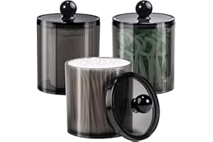 SheeChung 3 Pack Qtip Dispenser Apothecary Jars Bathroom with Labels- Black Plastic Qtip Holder Storage Set for Cotton Ball, Swab, Rounds,Floss Picks, Hair Clips，Hair Ties