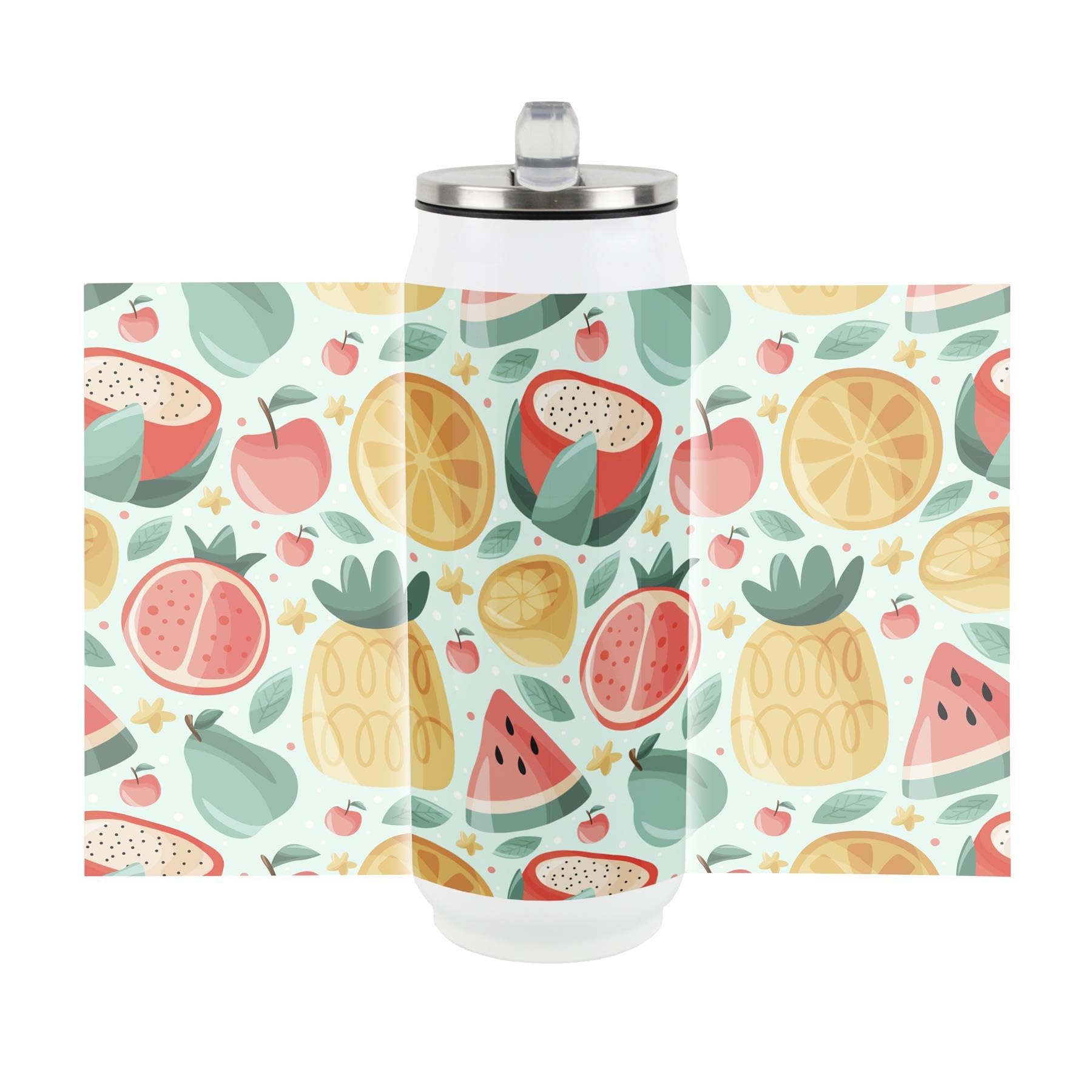 Summer Fruits Drinking Flask with Built in Straw - Vibrant Tropical Fruits Holiday - Reusable Stainless Steel Cold Drinks Travel Mug Gift 500ml (17 fl oz)