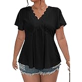 Eytino Womens Plus Size Tops Lace Crochet V Neck Short Sleeve Eyelet Blouse Loose Casual Summer Peplum Shirts(1X-5X)