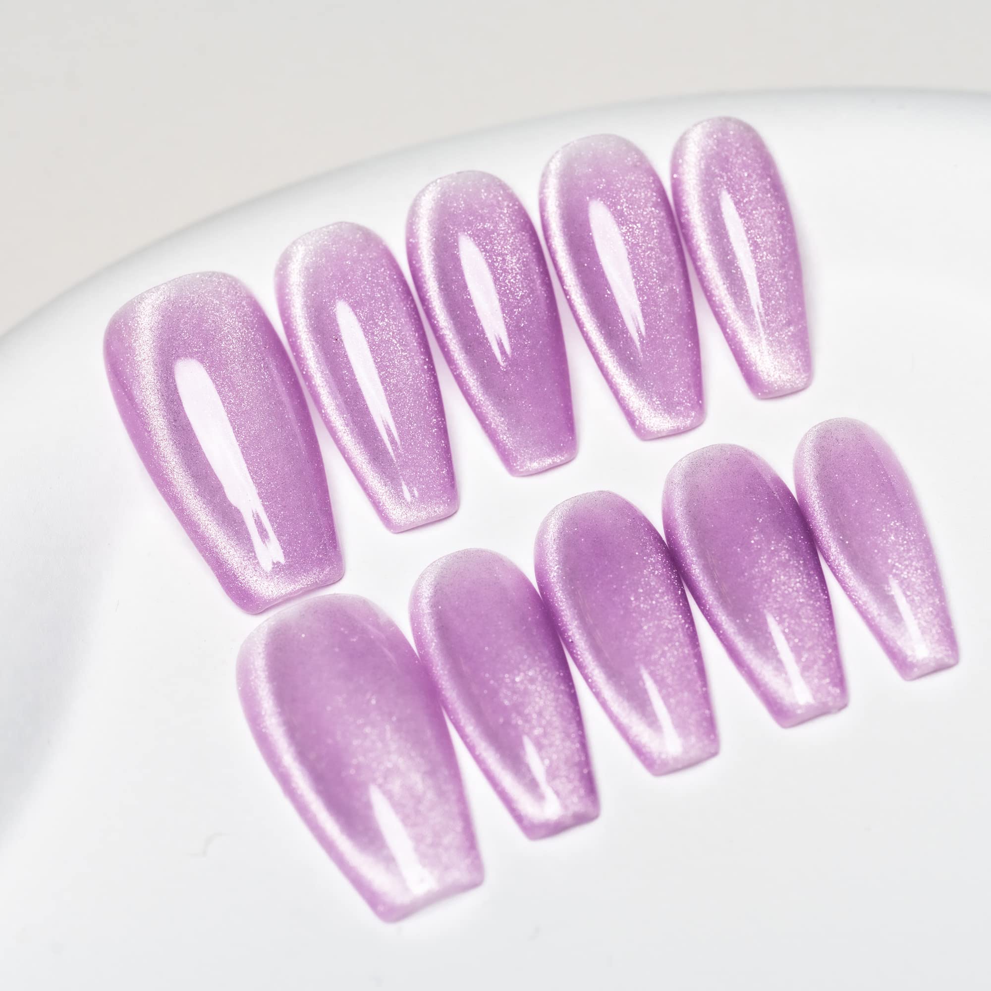 Sun&Beam Nails Handmade Press-On Medium Long Coffin Ballerina with Lavender Purple Cat Eye Design Charm Cute False Nail Tips 10 Pcs (#85 L) — image 1