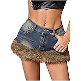 MakeMeChic Women's Y2K Fall Mini Jean Skirt Fuzzy Short Bodycon Denim Skirts with Pocket