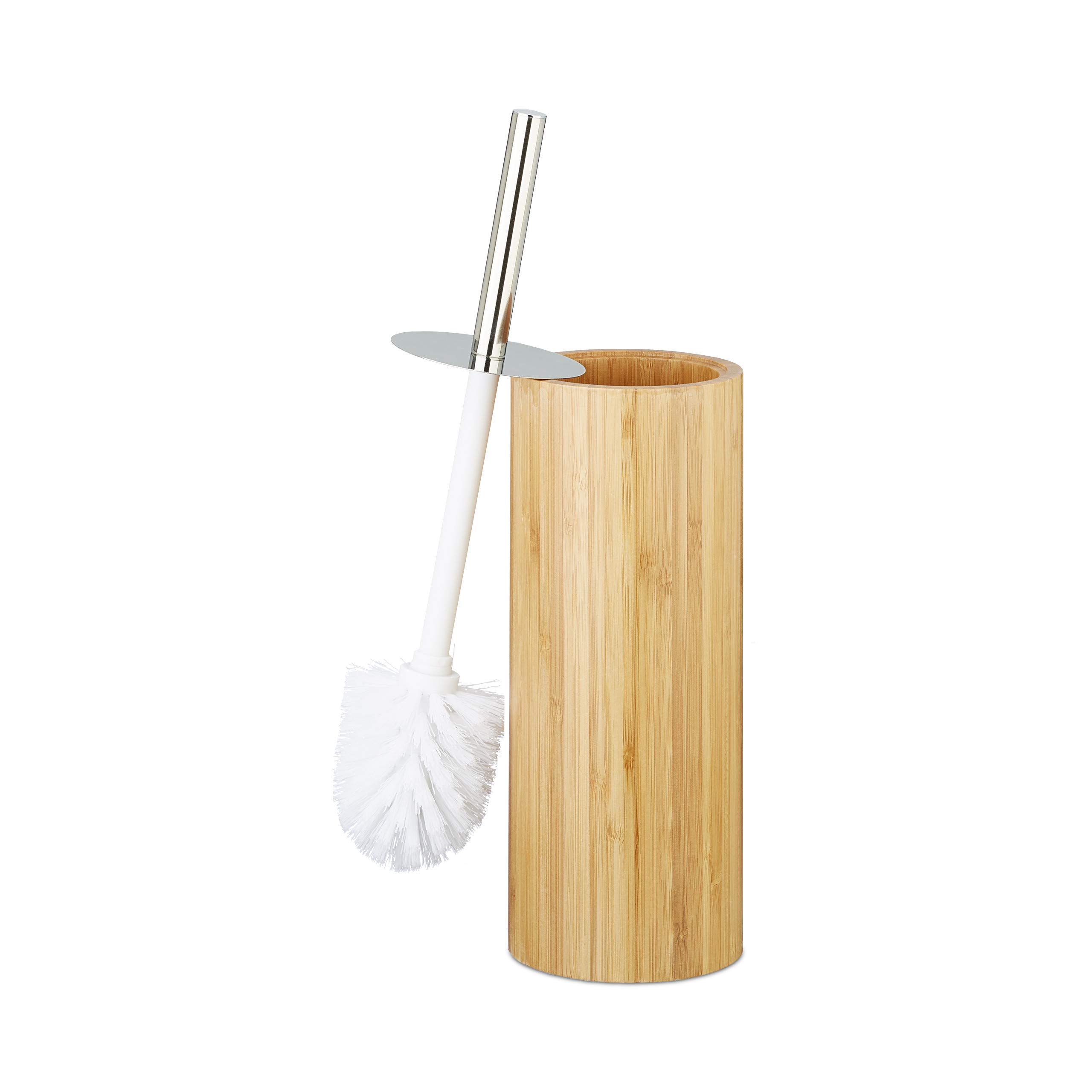 Relaxdays Bamboo WC Brush Holder and Brush, Round Stand, Wooden Toilet Bathroom Butler H x Dia: 37.5 x 10.5 cm, Natural