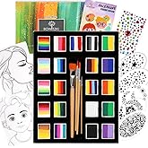 Bowitzki 21 Color Split Cake Face Paint Set Professional Face Painting Kit Adults 10g One Stroke Stencil Brush Practice Board Guide Book Non Toxic Rainbow Body Makeup Halloween Christmas Easter