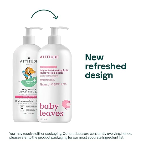 ATTITUDE BABY BOTTLE & DISH SOAP, EWG VERIFIED BOTTLE CLEANER, FRAGRANCE FREE & DYE FREE, REMOVES MILK RESIDUE & GREASE, VEGAN, UNSCENTED, 33.8 FL OZ