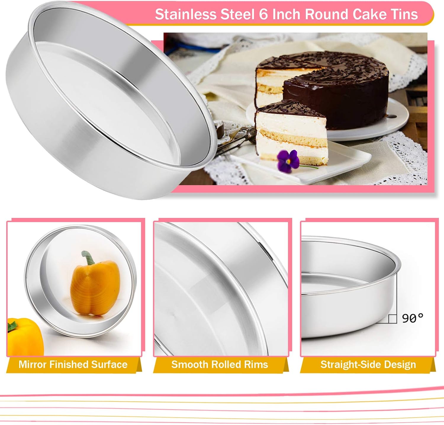 Homikit 6 Inch Cake Tin Set of 2, Stainless Steel Round Cake Pans for Baking Layer Cakes Bread and Pie - Image 4