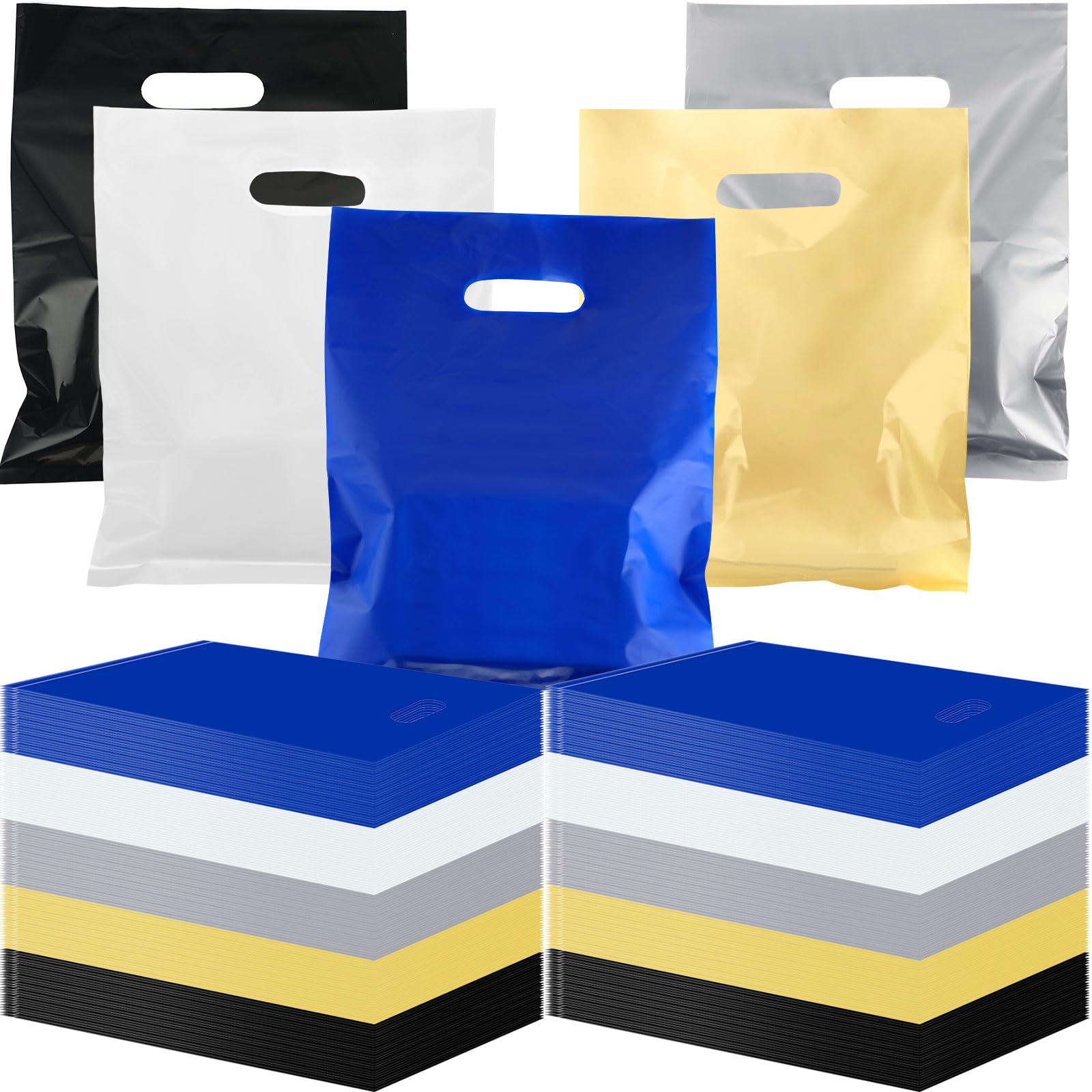 Photo 1 of *** MISSING YELLOW *** Harloon 500 Pcs Merchandise Shopping Bags Bulk for Small Business 1.5 Mil 9 x 12 Inch Thick Plastic Retail Boutique Bag for Party Favor Gift(Silver, Royal Blue, Yellow, Black, White)