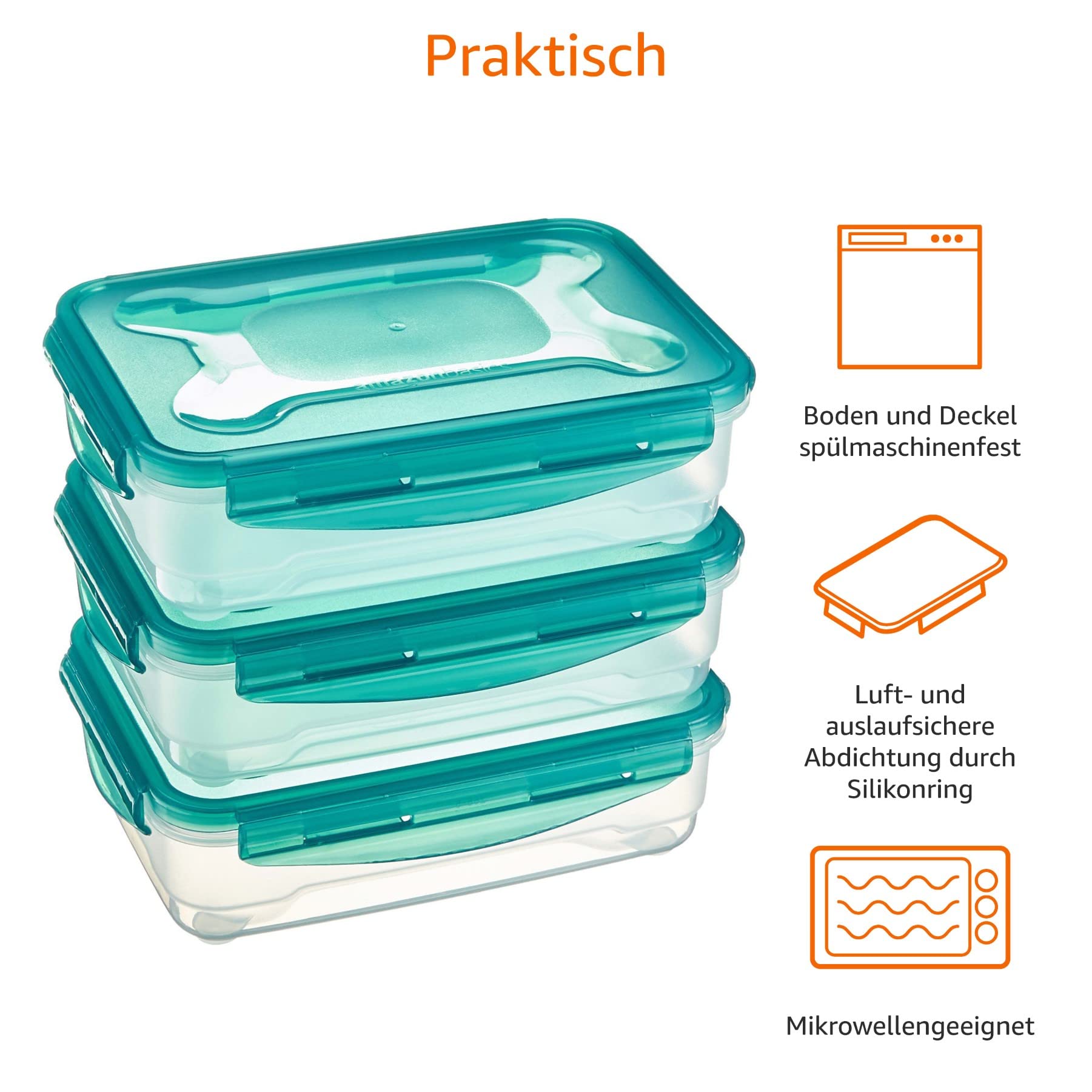 Amazon Basics Gefrierbehälter im Set, mit Deckel, luftdicht, auslaufsicher, stapelbar, für Kühlschrank/Gefriertruhe, BPA-frei, Kunststoff, mikrowellen- und spülmaschinenfest, 3 x 1.2 l, farblos 5