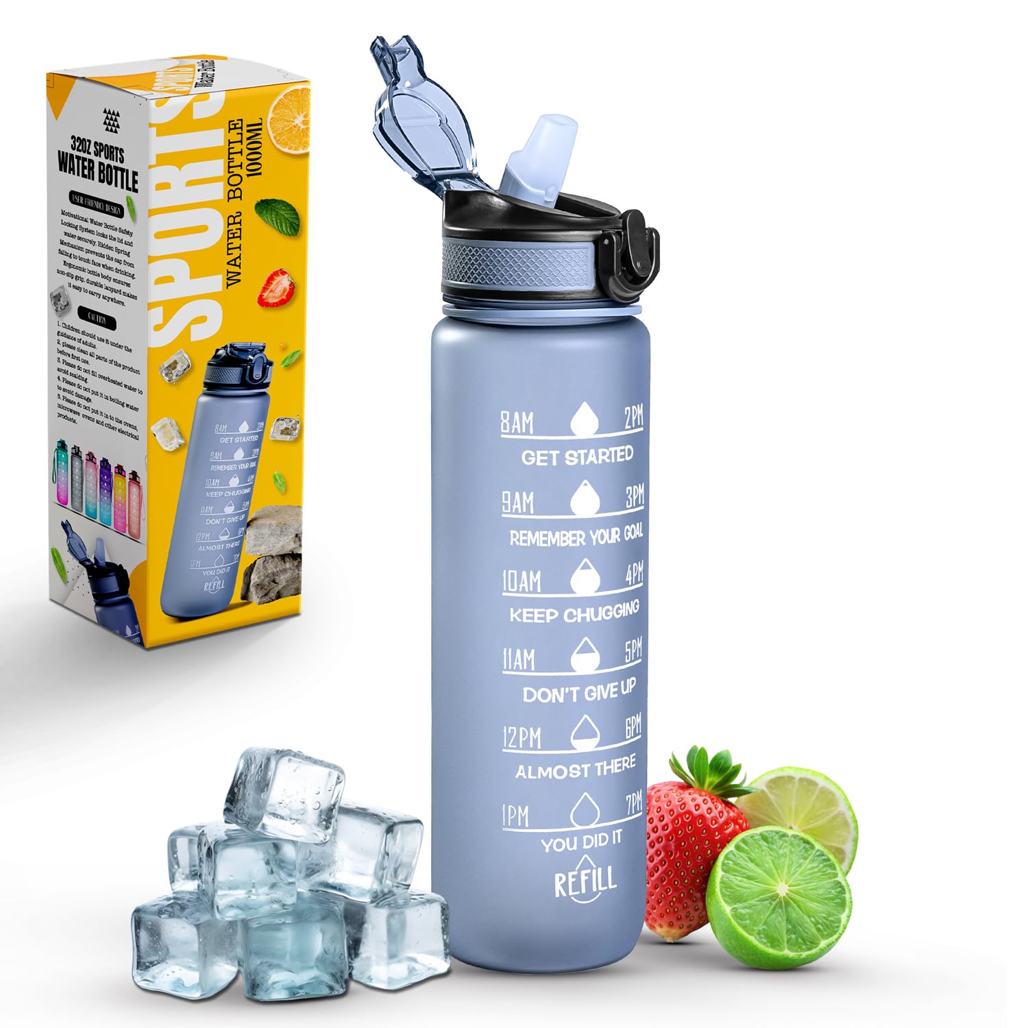 Roe Tenpo Sports Water Bottle with Straw and Time Marking, and 32OZ Capacity - Motivational and Eco-Friendly BPA-Free Bottle for Running, Gym, Yoga, Outdoors, and Camping (Style-1, Grey)