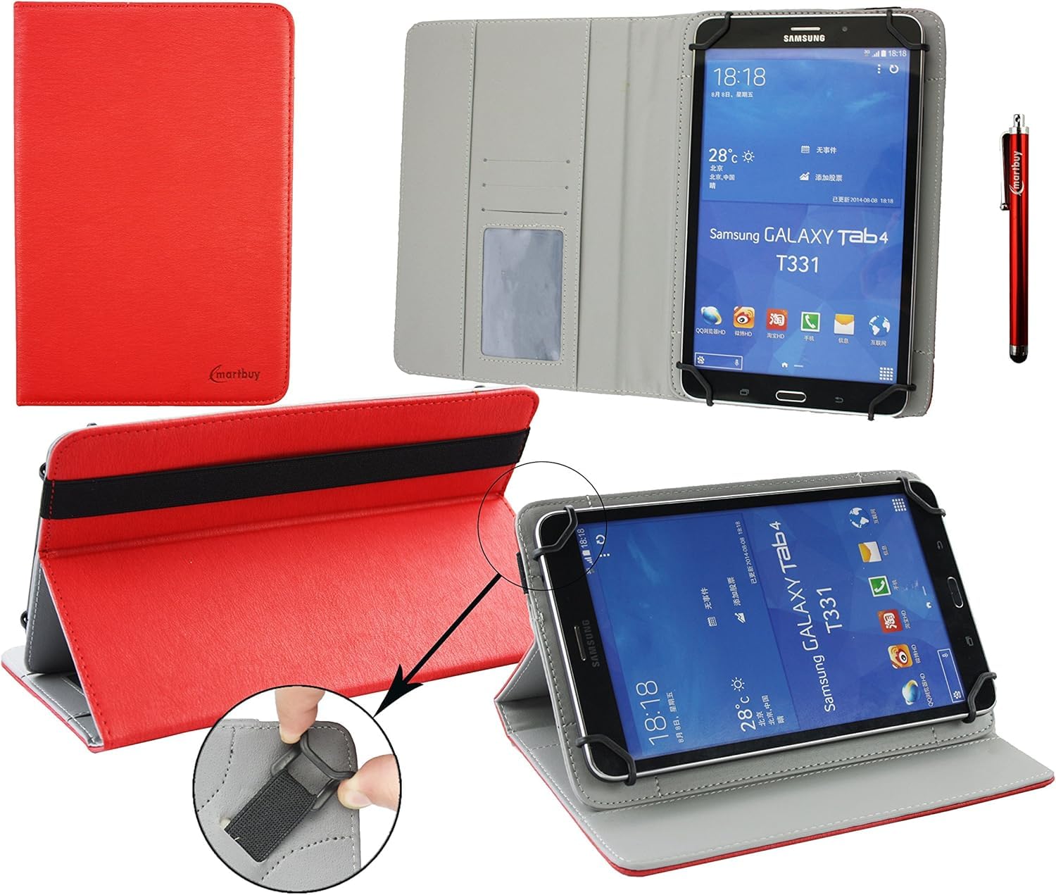 Emartbuy Universal 10-11.5 Inch Red Multi Angle Folio Wallet Case Cover With Card Slots Grey Elastic Strap and Stylus Pen Compatible With Selected Devices Listed Below