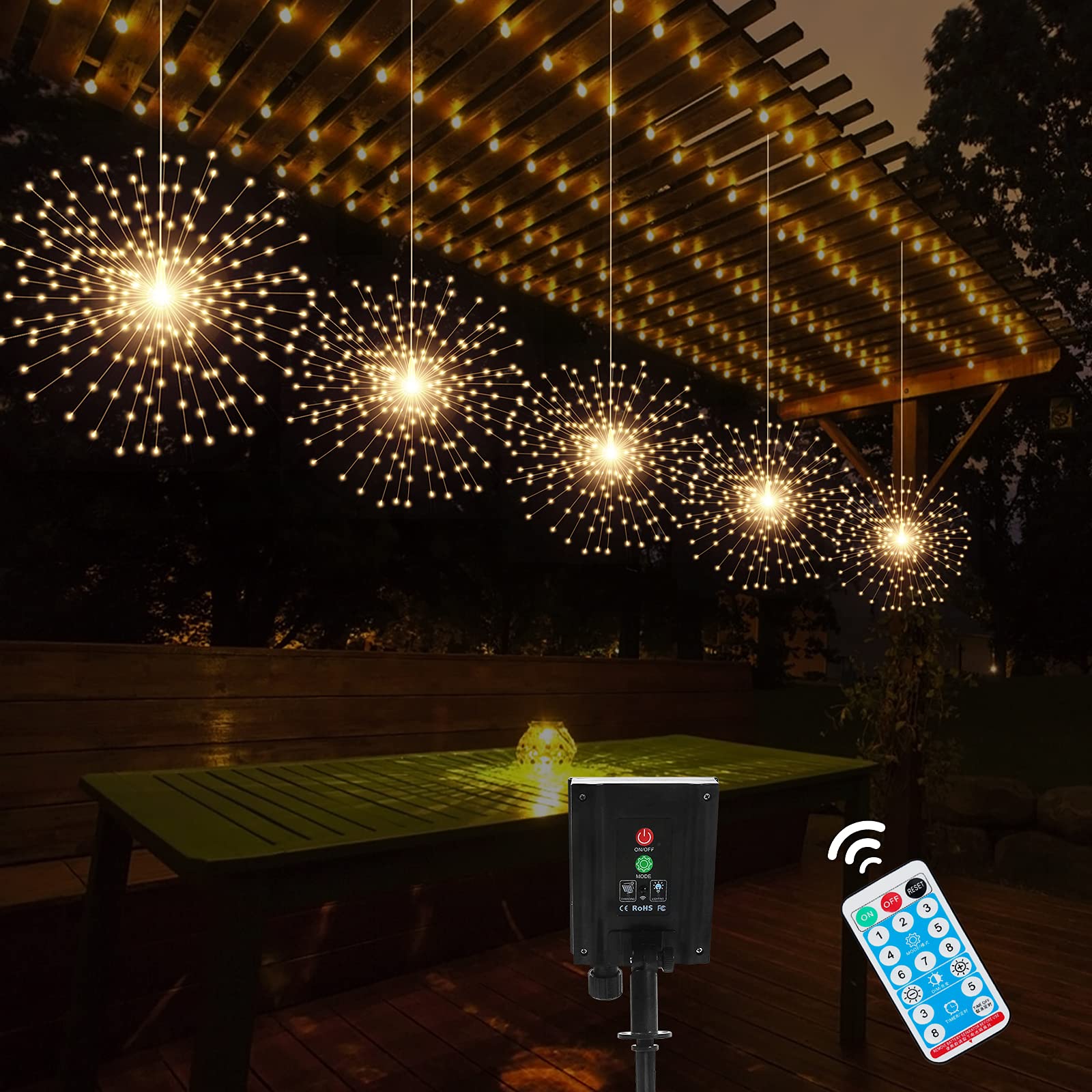 Photo 1 of 5 Pack Solar Starburst Sphere Lights, 200 LED Firework Light, 8 Modes Dimmable Waterproof Hanging Copper Wire Fairy Light for Patio Parties Halloween Christmas Decor (Warm White)