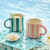 DELIGHTS GALORE Striped Ceramic Coffee Mugs Set of 2, Pink and Green Stackable Stoneware Mugs for Morning Coffee, Tea & Cocoa, 12oz Dishwasher & Microwave Safe Mug Gift Set for Home & Office