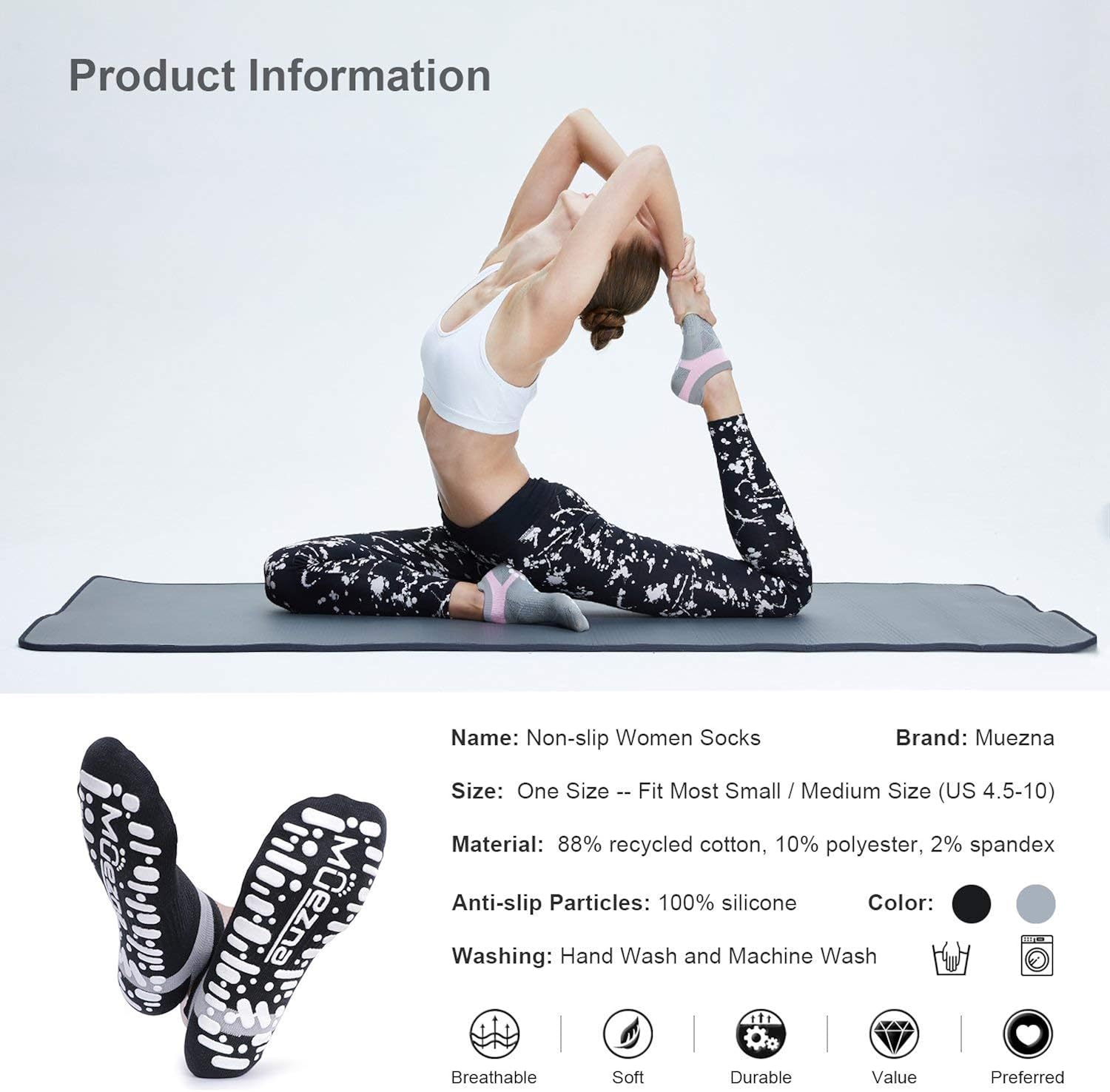 Muezna Non Slip Yoga Socks for Women, Anti-Skid Pilates, Barre, Bikram Fitness Socks with Grips, Size 5-10 : Clothing