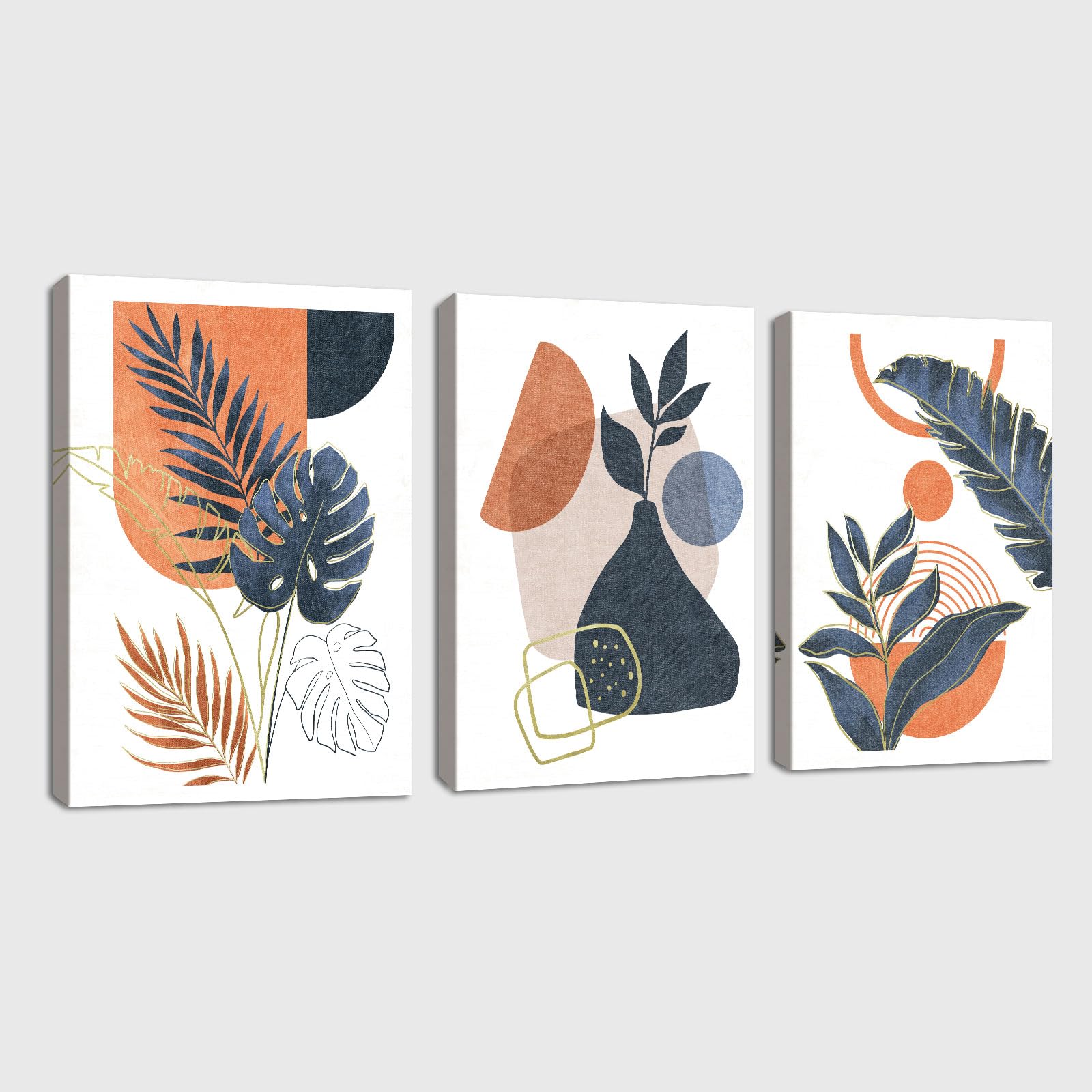 3Pcs Framed Boho Canvas Wall Art, Mid Century Blue Orange Geometric Abstract Plant Leaves Wall Art Modern Home Decor Poster Canvas Painting Wall Decor for Bedroom Living Room Ready to Hang 30x40cmx3