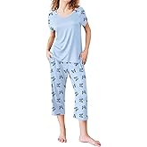 Ekouaer Pajamas for Women Set Short Sleeve Pj Sets Pullover Tops & Capri Pants 2 Piece Sleepwear Loungewear S-XXL