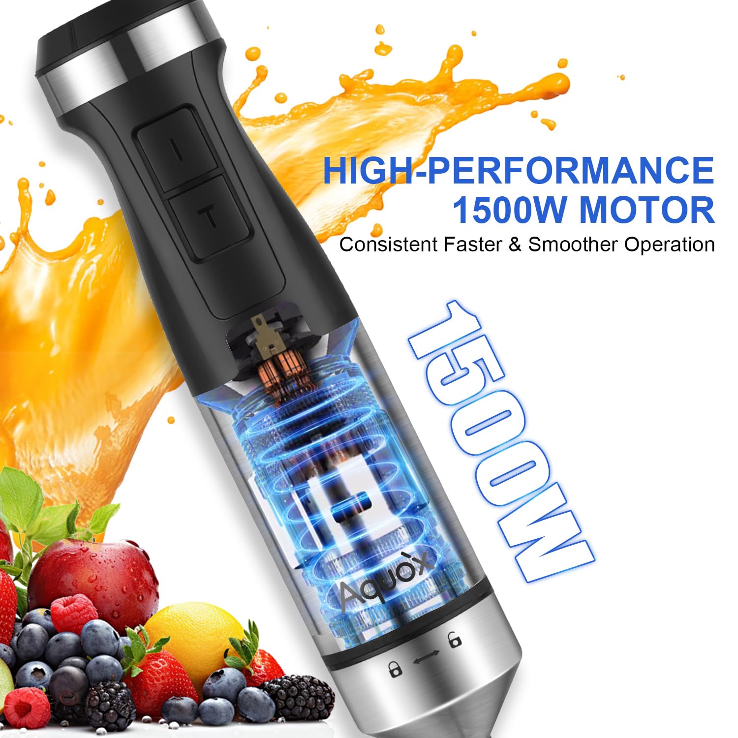 Immersion Blender 5 in 1 Handheld Blender 1500W, 20 Speed Mode&Turbo Boost, Heavy Duty Motor Electric Hand Blender with Chopper, Whisk, Frother, Beaker, for Baby Food, Sauce, Soup, Aquox