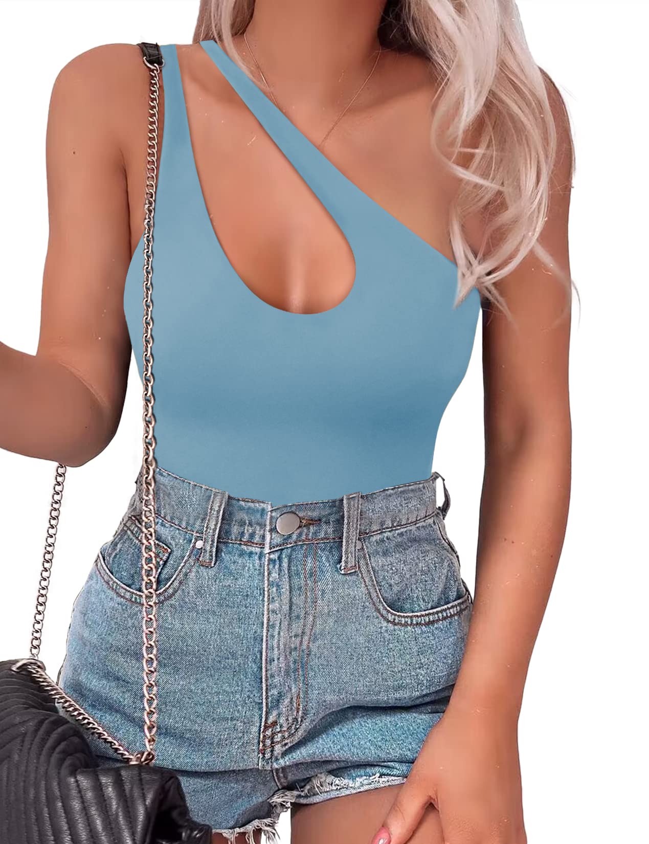Photo 1 of SAUNGKUAI Women's Sexy One Shoulder Sleeveless Cutout Thong Bodysuit Tank Top Body Suits V Backless Tummy Control Shapewear Skyblue XL