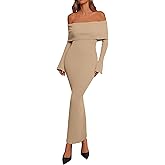 dowerme Women's Off The Shoulder Sweater Dress 2026 Formal Long Sleeve Bodycon Maxi Wedding Guest Dresses Spring Outfits