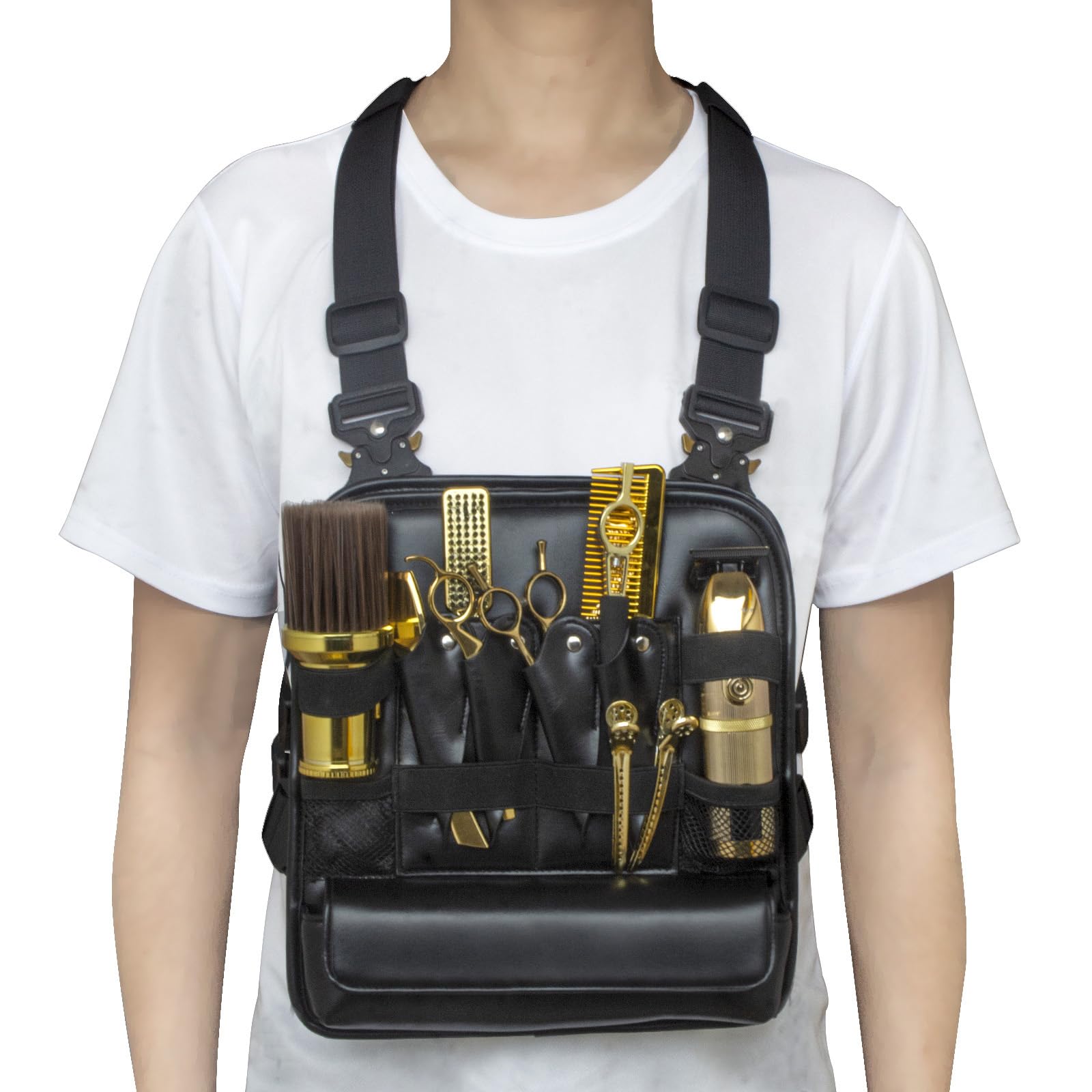 Photo 1 of CestoMen Professional Chest Rigs Bag for Barbers, PU Leather Hairdresser Scissor Bag Haircut Tools Storage Chest Bag Barber Supplies Bag Organizer for Clippers and Supplies