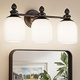 Keonjinn 3-Light Bathroom Light Fixtures, Black Vintage Vanity Lights for Mirror with Frosted Glass Shades, UL Listed E26 Bas