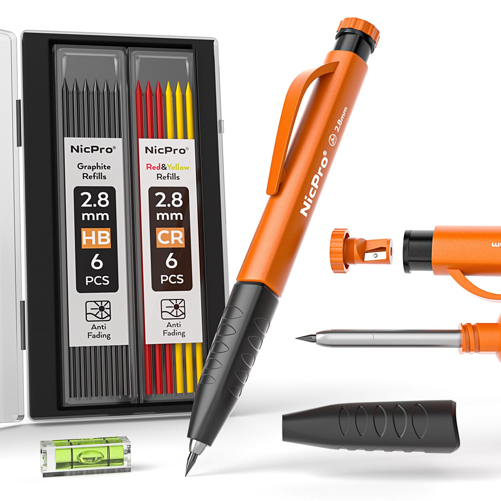 Nicpro Upgraded 3-IN-1 Carpenter Pencils Set with Finger Grip, 1Pcs Construction Pencil with 13 Refill & Mini Spirit Level, Deep Hole Marker Carpenter Tool, Mechanical Pencil for Architect Woodworking