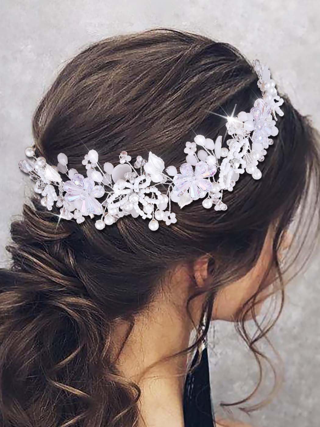 IYOU Bridal Wedding Hair Vines Silver Flower Headbands Pearls Communion Bride Bridesmaid Hair Accessories for Women
