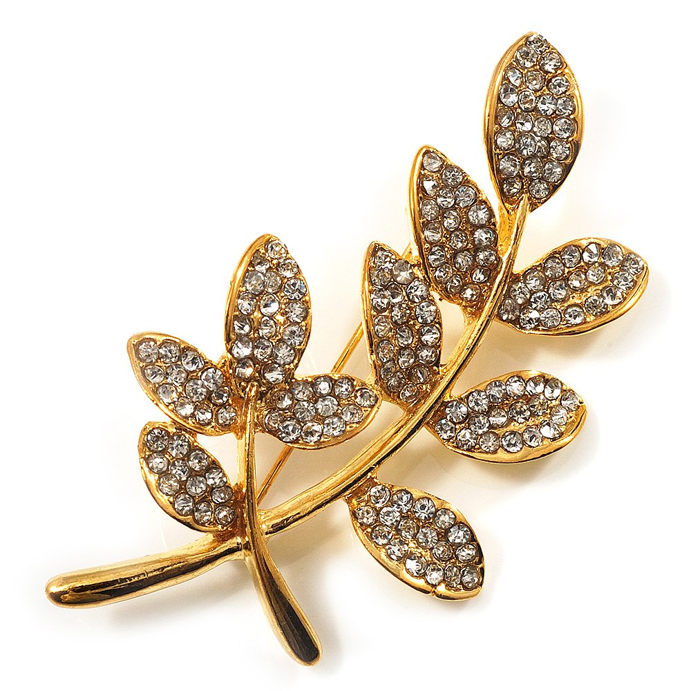 Delicate Diamante Leaf Brooch (Gold Tone Metal)